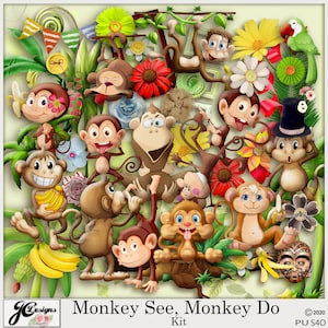 May include: A digital scrapbook kit featuring a variety of cartoon monkeys in various poses, with jungle foliage, flowers, and other decorative elements. The kit is titled "Monkey See, Monkey Do".