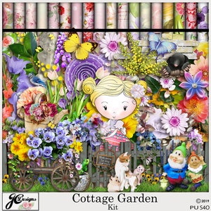 Digitale Scrapbook Kit, Cottage Garden is een 12x12, 300dpi, digitale Scrapbook Kit, downloadbaar