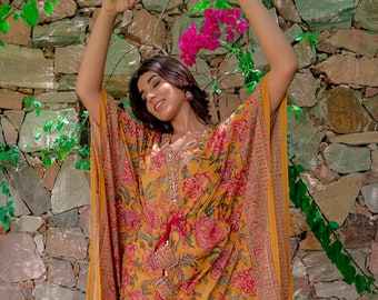 Yellow Kaftan, Boho Summer Dress for Women, Bohemian Dress, Warp Maxi Boho Top, Floral Block Print , Tribal Hippie Print