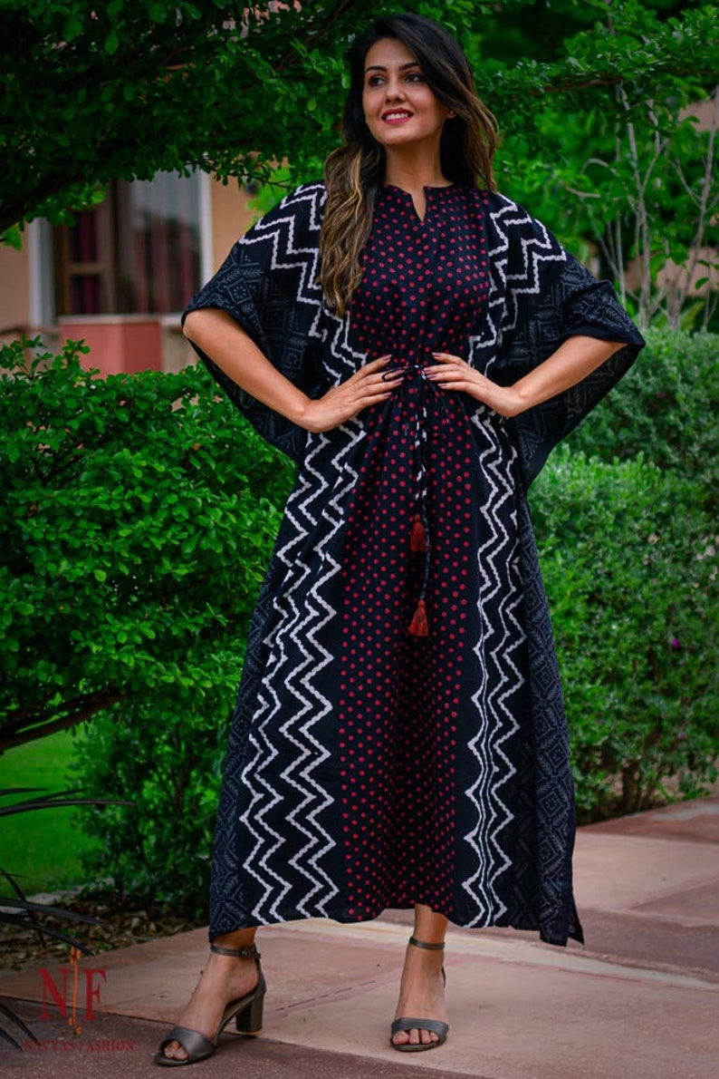 Handmade block print kaftan dress Beach Kaftan High demand party wear caftan dress for girls and women Red polka dot print cotton kaftan