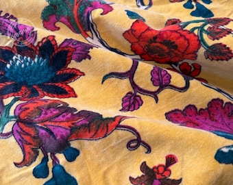 Tela de terciopelo floral amarillo: algodón indio estampado a mano, 112 cm de ancho