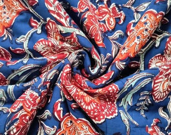 Tela de algodón con estampado de bloques a mano, material de costura floral cortado a medida