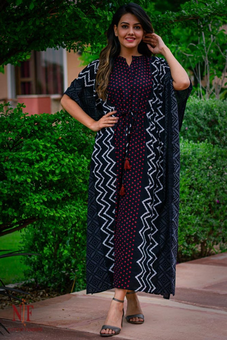Handmade block print kaftan dress Beach Kaftan High demand party wear caftan dress for girls and women Red polka dot print cotton kaftan