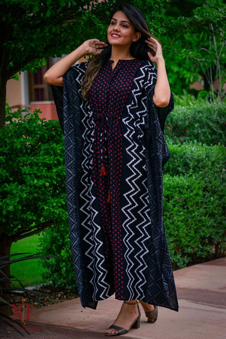Handmade block print kaftan dress Beach Kaftan High demand party wear caftan dress for girls and women Red polka dot print cotton kaftan