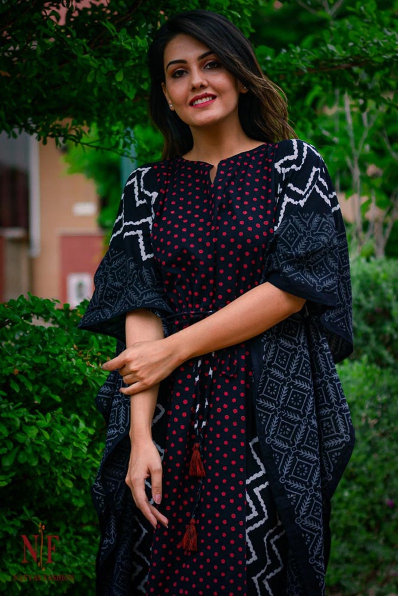 Handmade block print kaftan dress Beach Kaftan High demand party wear caftan dress for girls and women Red polka dot print cotton kaftan