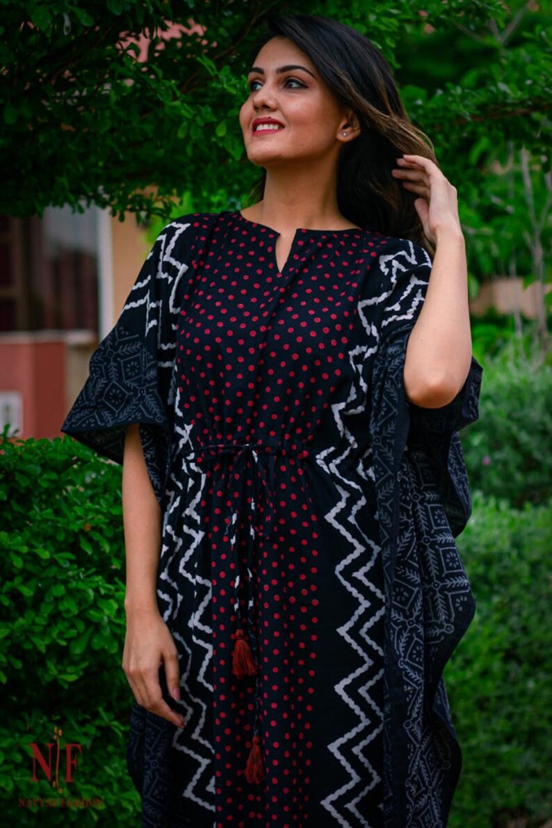 Handmade block print kaftan dress Beach Kaftan High demand party wear caftan dress for girls and women Red polka dot print cotton kaftan