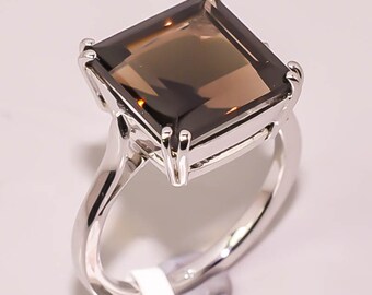 925 Sterling Silver Brown Smokey Quartz Nice Gemstone Ring Nice Gemstone Round cabochon Smokey Quartz Rings Wedding Jewelry Highest Item Gift for Children Day Hammered Ring