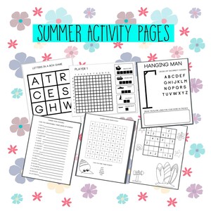 May include: A set of printable summer activity pages for kids. The pages include a word search, a word scramble, a letter box game, a hanging man game, and a number puzzle. The pages are decorated with a summer theme, including seashells, surfboards, and flowers.