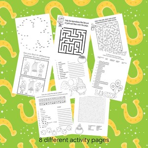 Op de afbeelding: Acht zwart-witte afdrukbare activiteitenpagina's voor kinderen met St. Patrick's Day-thema's. De pagina's bevatten een verbind-de-stippen, een doolhof, een woordzoeker, een vind-de-verschillen, een woordpuzzel, een geheime code, een woordmatch en een gelukkige woordzoeker.