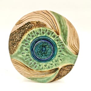 Handmade Ceramic Wall Plate: Sound Wave Art, Green & Blue Glaze