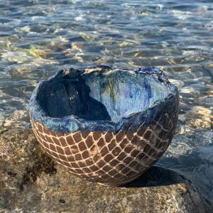 Handmade Ceramic Bowl with Ocean-Inspired Glaze and Textured Scale Pattern, Coastal Decor Pottery for Rustic Natural Home Style