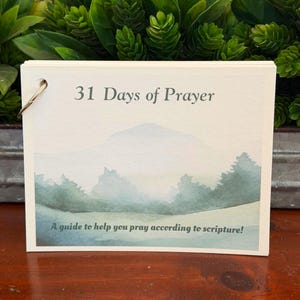 Puede incluir: Un conjunto de tarjetas rectangulares titulado 31 Days of Prayer, encuadernado con una anilla metálica. La tarjeta presenta una ilustración en acuarela de colinas y árboles verdes brumosos con el texto, A guide to help you pray according to scripture!