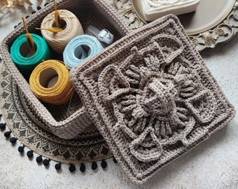 Patrón de crochet Amal Box en PDF. Caja cuadrada de crochet. Cesta decorativa de crochet. Patrón de crochet + Tutorial con fotos. Tutorial de crochet paso a paso en PDF.