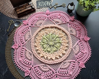 Pattern with photo tutorial for crochet doily Roxana. PDF crochet doily pattern. Step by step crochet tutorial. PDF digital download