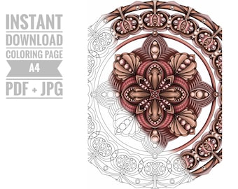 Puede incluir: Una página para colorear imprimible que presenta un diseño de mandala detallado con patrones intrincados y un esquema de color cobre y rosa. El mandala está rodeado por un borde circular con un patrón repetitivo.