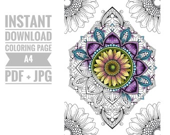 Puede incluir: Una página para colorear imprimible que presenta un diseño de mandala con un girasol en el centro. El mandala está rodeado de intrincados patrones y detalles. El girasol es amarillo con un centro marrón y tiene pétalos que están delineados en negro.