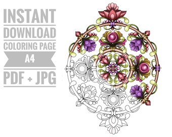 Página para colorear n.º 8. Página para colorear digital para adultos imprimible. Descarga instantánea de archivos imprimibles (PDF), JPG. Dibujo de Mándala para colorear