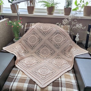 Pu&ograve; includere: Una coperta all'uncinetto di colore rosa chiaro con un motivo delicato e intricato. La coperta &egrave; composta da quadrati ripetuti con un disegno circolare al centro di ogni quadrato.