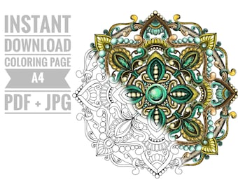 Puede incluir: Una página para colorear imprimible que presenta un diseño de mandala detallado con patrones intrincados y un motivo floral central. El mandala está parcialmente coloreado en tonos de verde, dorado y marrón, mientras que la otra mitad se deja en blanco para colorear.