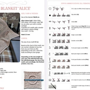 Pu&ograve; includere: Uno schema all'uncinetto per una coperta chiamata "Alice" usando il filato Alize Cotton Gold. Lo schema include istruzioni per creare una coperta di 96x96 cm con un bordo. Lo schema include anche una tabella di punti e abbreviazioni.