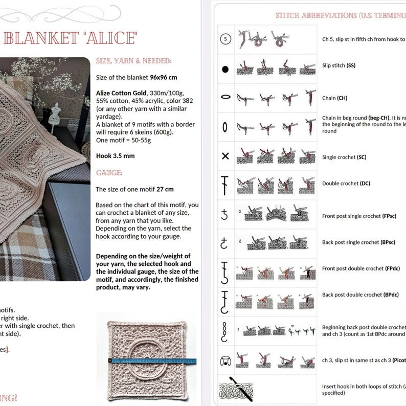 Pu&ograve; includere: Uno schema all'uncinetto per una coperta chiamata "Alice" usando il filato Alize Cotton Gold. Lo schema include istruzioni per creare una coperta di 96x96 cm con un bordo. Lo schema include anche una tabella di punti e abbreviazioni.
