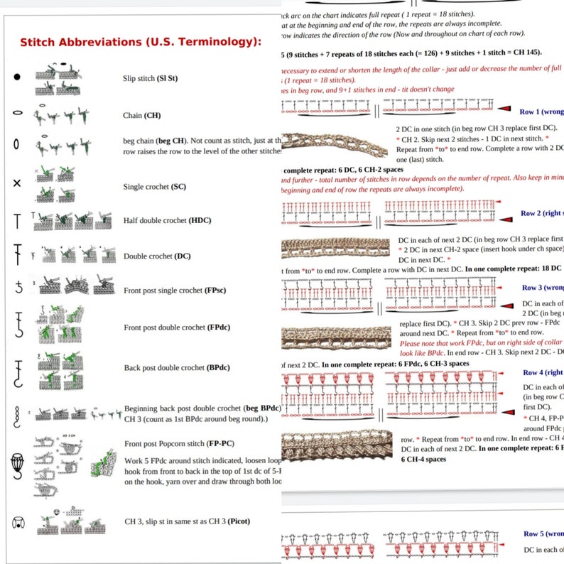 K&ouml;nnte beinhalten: Diagramm mit H&auml;kelstich-Abk&uuml;rzungen, einschlie&szlig;lich Kettmasche, Luftmasche, halbem St&auml;bchen, St&auml;bchen und vorderen Stichen. Anweisungen und Diagramme sind enthalten.