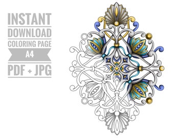 Coloring Page #16. Printable Digital Adult coloring page. Instant Download Printable File PDF, JPG. Mandala coloring page