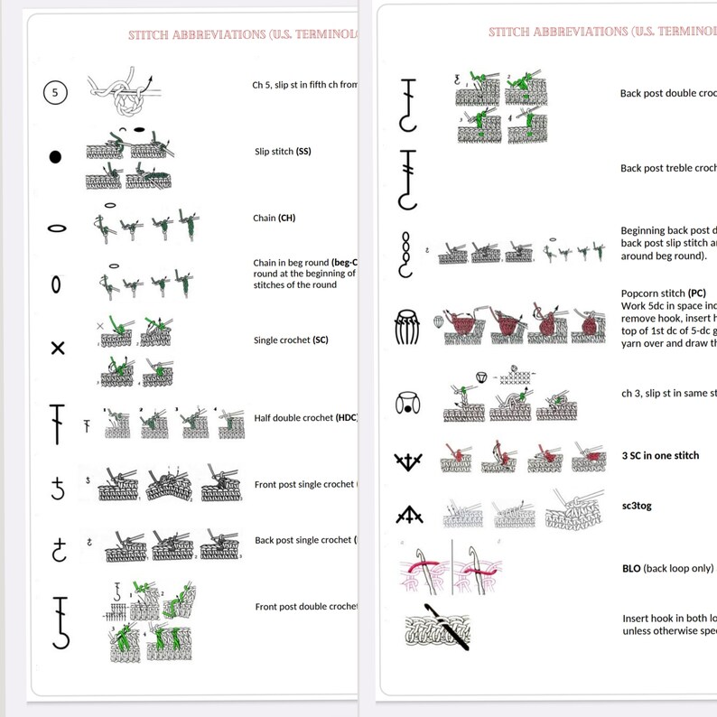 May include: A chart with illustrations and text explaining different crochet stitches. The stitches include slip stitch, chain, single crochet, half double crochet, front post single crochet, back post single crochet, and front post double crochet.