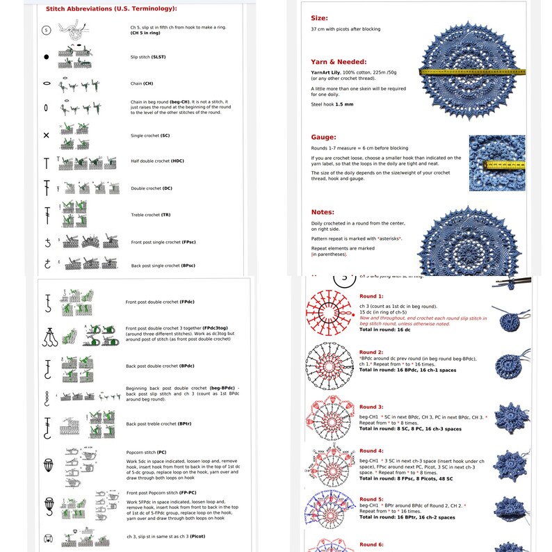 May include: A crochet doily pattern with instructions for making a 37 cm doily. The pattern uses a blue yarn and includes stitch abbreviations and diagrams.