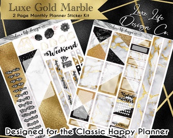 May include: A two-page monthly planner sticker kit titled Luxe Gold Marble, designed for the Classic Happy Planner. The sheets feature white marble patterns with gold foil accents, black glitter sections, and various functional labels and icons.