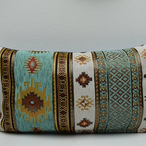 light blue color ethnic kilim pattern decorative lumbar pillow cover 12 x 20 inch chenille pillow cover bedding pillow boho pillow covers