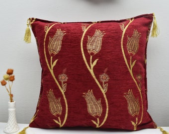 red color home decor pillow cover tulips river design pillow cover boho decor pillow cover  chenille pillow cover 17 x 17 inch pillow cover