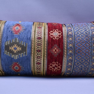 kilim design soft chenille fabric blue lumbar pillow cover 10 x 20 inch decorative  bedding pillow boho pillow turkish pillow cover KKMX- J2