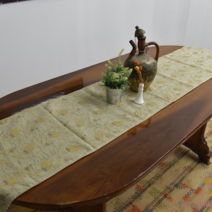 beige color river of tulips design soft chenille fabric table runner 16 inch x 82 inch bohemian table runner end of bed decor boho runner
