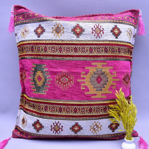 hot pink color kilim design pillow cover boho decor pillow chenille pillow aztec kilim pillow 17 x 17 inch decorative boho pillow cover