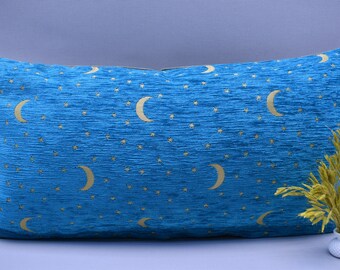 turquoise bleu couleur lune et étoile conception lombaire taie d'oreiller 12 x 24 pouces doux chenille tissu taie d'oreiller boho oreiller rustique coussin