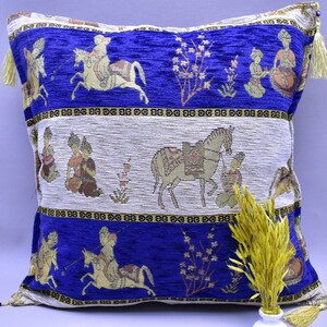 ottoman miniature design blue color turkish chenille pillow cover 17 x 17 inch decorative pillow aztec pillow bohemian pillow throw pillows