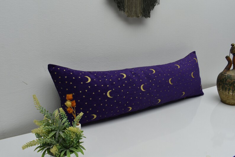 lovely purple color moon and star design pillow cover 12 x 36 inch boho lumbar pillow cover soft chenille fabric pillow cover body pillow