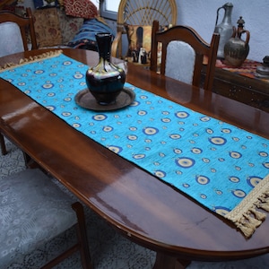 turkish lucky eyes pattern chenille fabric table runner 16 inch x 56 inch bohemian decor table runner home decor runner wall decor runner