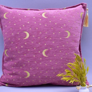 flamingo pink color moon and star design throw pillow cover soft chenille fabric turkish boho pillows 17 x 17 inch bedding pillow covers