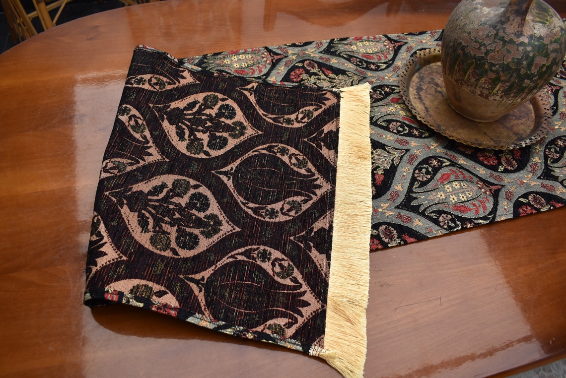 Black Color Table Runner Tulip Design Decorative Table Runner Etsy