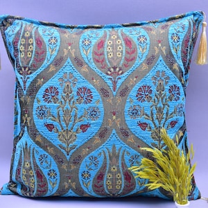 turqouise blue color ottoman tulip design chenille pillow cover 17 x 17 inch turkish pillow cover boho decor pillow cover throw pillow YLB1