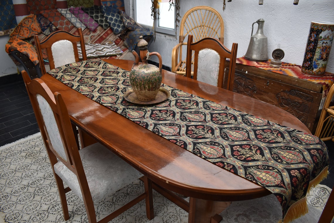 Black Color Table Runner Tulip Design Decorative Table Runner Etsy