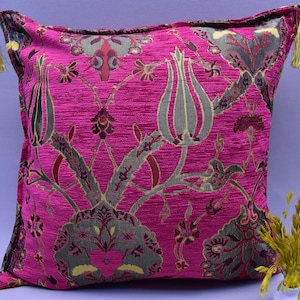 unique hot pink color decorative pillow boho decor pillow turkish chenille pillow cover 17 x 17 inch  tulip design boho throw pillow KLA1