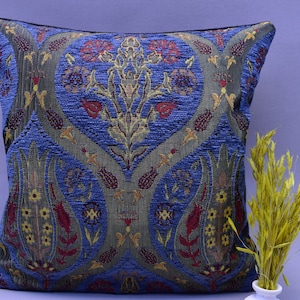 aegean blue color 12 inch x 12 inch decorative pillow cover boho decor pillow turkish chenille pillow cover tulip design  throw pillow