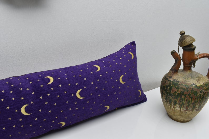 lovely purple color moon and star design pillow cover 12 x 36 inch boho lumbar pillow cover soft chenille fabric pillow cover body pillow