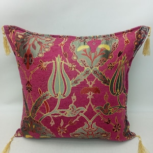unique hot pink color decorative pillow boho decor pillow turkish chenille pillow cover 17 x 17 inch  tulip design boho throw pillow KLA1