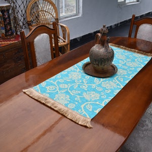 lovely turqouise blue color mini table runner 17 inch x 42 inch bohemian decor table runner aztec runner center piece oriental table runner