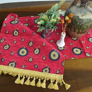 strawberry pink color soft chenille fabric decorative table runner turkish lucky eyes design 16 inch x 82 inch rustic decor table runner