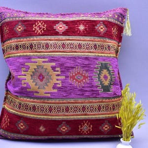 decorative magenta color boho pillow cover turkish tulip design throw pillow turkish designer chenille pillow 17 x 17 inch bohemian pillow